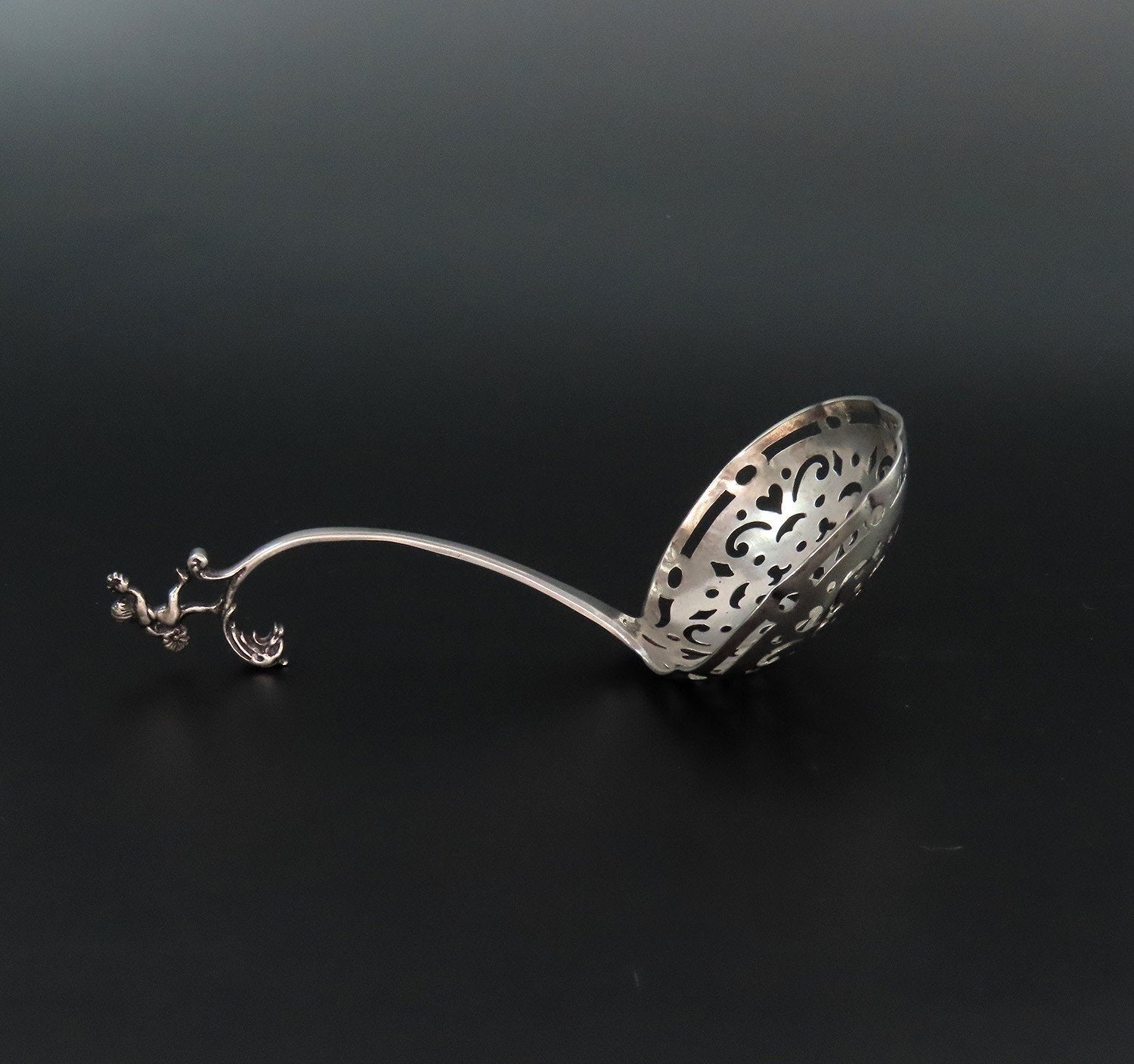 Fabulous 1800s Dutch Silver Pierced Berry Strainer Ladle Spoon w Putti Finial