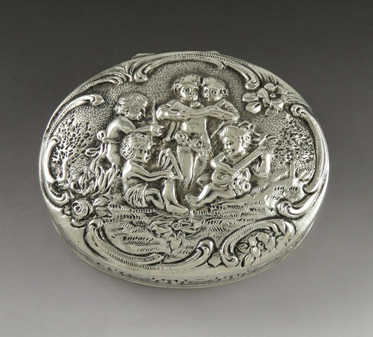 Antique c1895 European 800 Silver Hand Chased Repousse Cherub Vanity Trinket Box