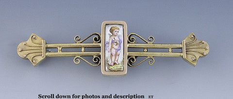 Charming c1850s-70s Victorian Enamel Cherub 14k Gold Bar Pin