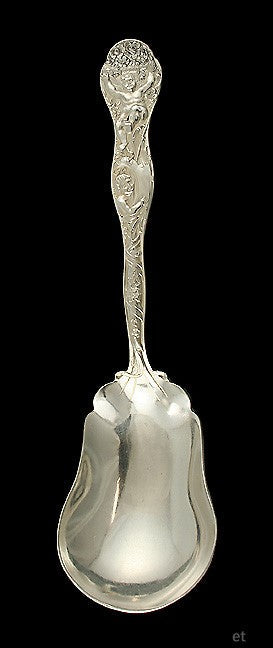 Ornate Art Nouveau American Silver Cherub Flower Serving Spoon 9"