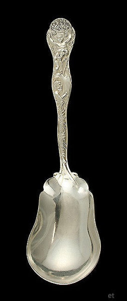 Ornate Art Nouveau American Silver Cherub Flower Serving Spoon 9"