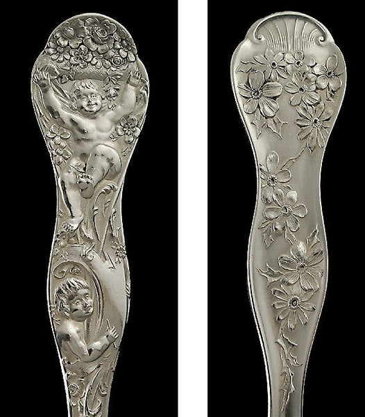 Ornate Art Nouveau American Silver Cherub Flower Serving Spoon 9"