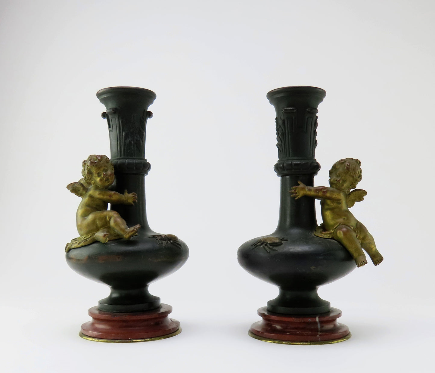 Brilliant Pair French Bronze Cherubs Bud Vases Auguste Moreau 1880s Marble Vase