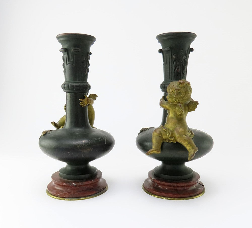 Brilliant Pair French Bronze Cherubs Bud Vases Auguste Moreau 1880s Marble Vase
