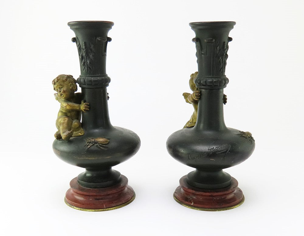 Brilliant Pair French Bronze Cherubs Bud Vases Auguste Moreau 1880s Marble Vase