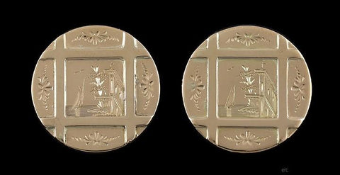 Victorian 10K Gold Engraved Harbor Scene Disk Earrings