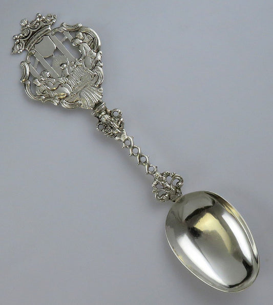 Antique German or Dutch Colonial Silver Large Genre Scene Serving Spoon 8 3/8"