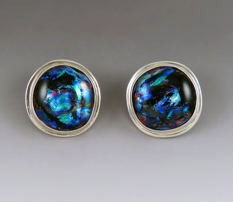 Mesmerizing Sterling Silver Iridescent Dichroic Glass Peacock Blue Clip Earrings