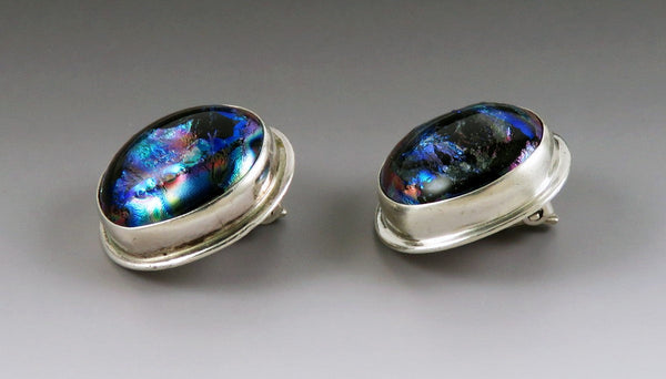 Mesmerizing Sterling Silver Iridescent Dichroic Glass Peacock Blue Clip Earrings