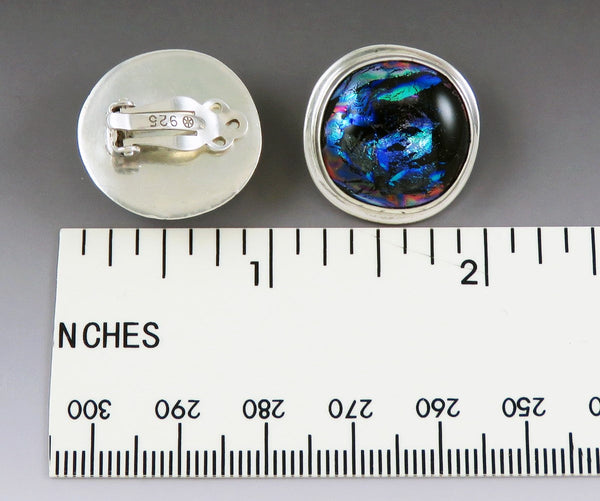 Mesmerizing Sterling Silver Iridescent Dichroic Glass Peacock Blue Clip Earrings