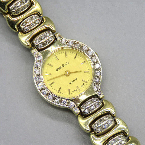 Fine 14K Yellow Gold Diamond Gold Face Geneve Quartz Wristwatch
