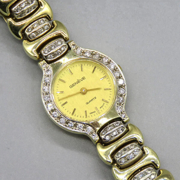 Fine 14K Yellow Gold Diamond Gold Face Geneve Quartz Wristwatch