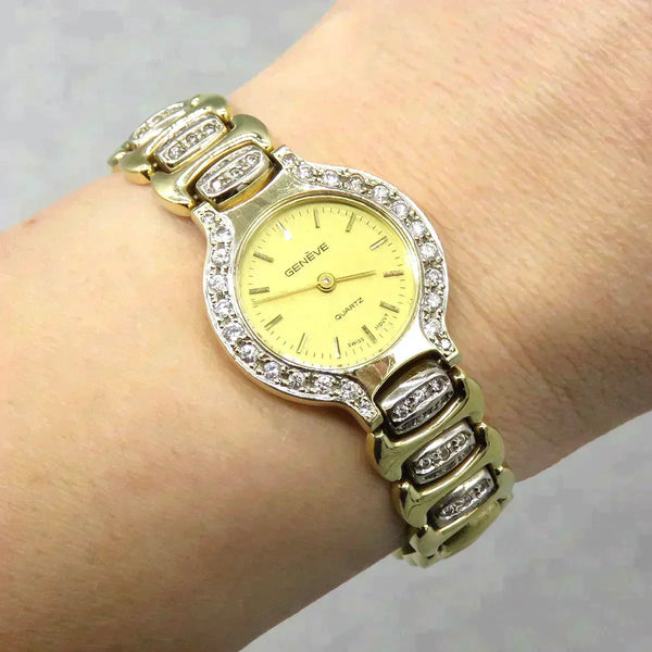 Fine 14K Yellow Gold Diamond Gold Face Geneve Quartz Wristwatch