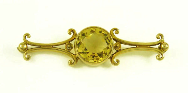 Antique c1910 14K Yellow Gold & Large Citrine Gemstone Bar Pin