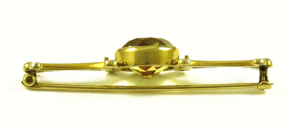 Antique c1910 14K Yellow Gold & Large Citrine Gemstone Bar Pin