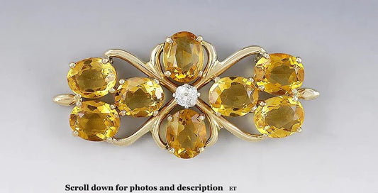 Gorgeous 14K Yellow Gold Pin Diamond and Citrine Brooch