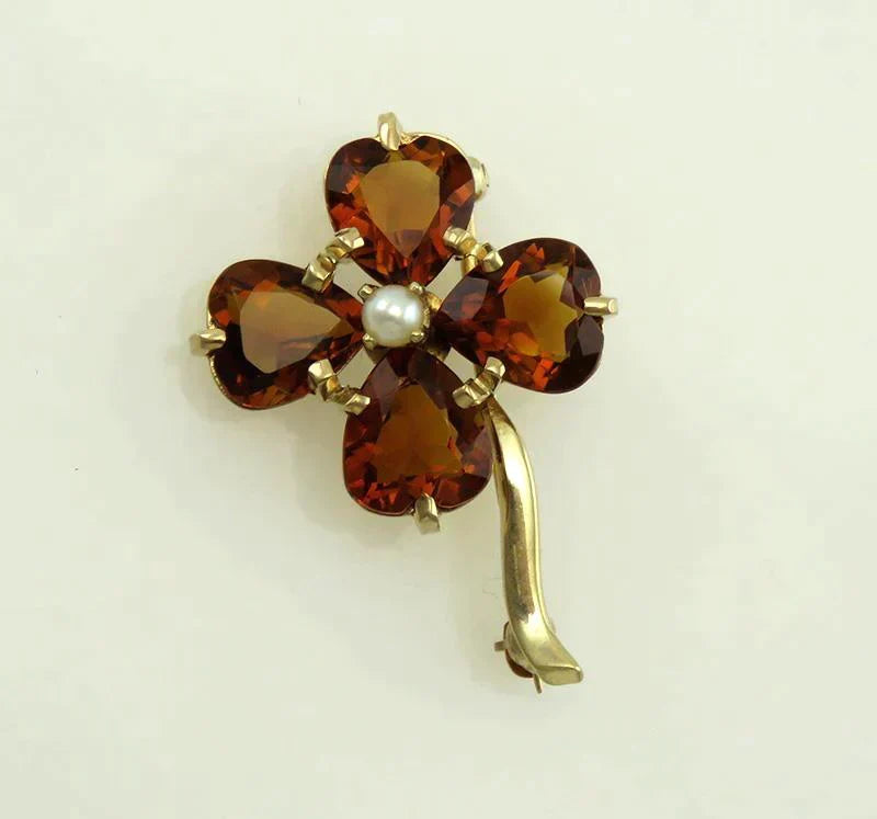 Lovely Vintage 1950's 4-Leaf Clover Citrine Hearts & Pearl 14K Gold Pin Brooch