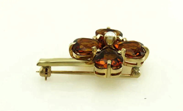 Lovely Vintage 1950's 4-Leaf Clover Citrine Hearts & Pearl 14K Gold Pin Brooch