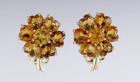 Stunning 14K Yellow Gold Honey Orange Citrine Flower Floral Clip Earrings