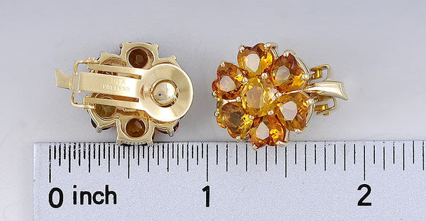 Stunning 14K Yellow Gold Honey Orange Citrine Flower Floral Clip Earrings