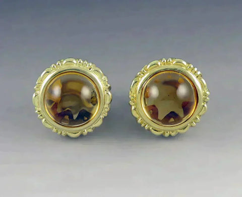 Fine 14K Yellow Gold Natural 16mm Citrine Dome Form Circle Earrings Omega Back