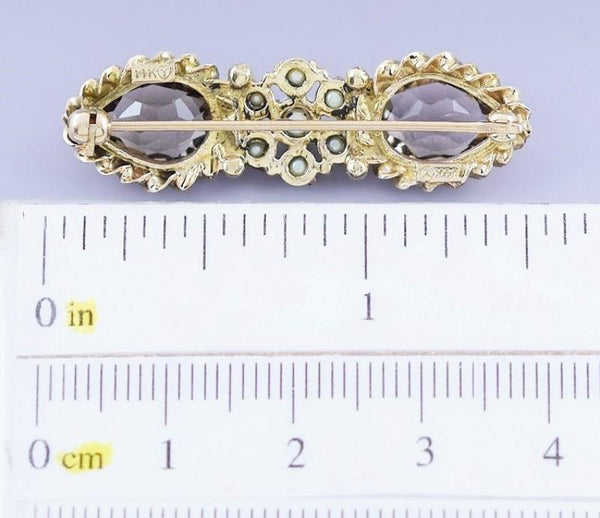 Elegant VTG 14k Yellow Gold Pear Teardrop Smoky Quartz Pearl Pin Brooch