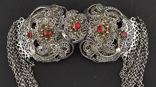 Victorian Necklace Choker Filigree Clasp Red Rhinestone Multi Strand