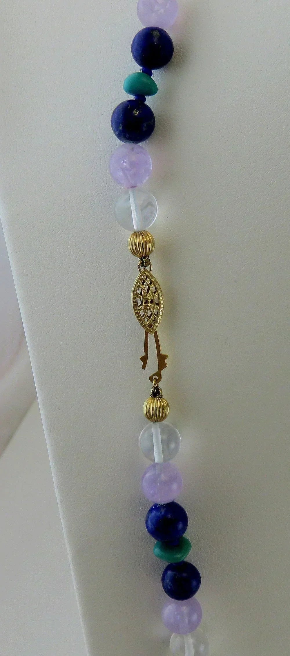 Lapis, Rose Quartz, Rock Crystal & Turquoise Beaded Necklace w Gold Filled Clasp