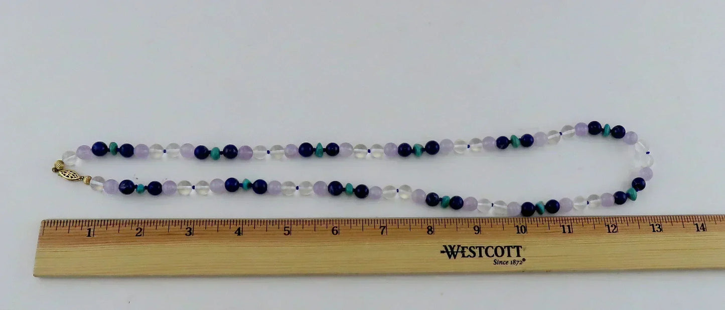Lapis, Rose Quartz, Rock Crystal & Turquoise Beaded Necklace w Gold Filled Clasp