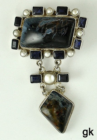 Wonderful Sterling Silver Large Genuine Stone and Pearl Pendant/Slide