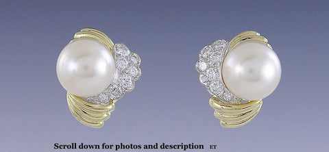 Beautiful Pair Pearl & Diamond 18K Yellow Gold Earrings