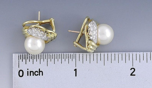 Beautiful Pair Pearl & Diamond 18K Yellow Gold Earrings