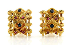 Stunning 18K Yellow Gold Sapphire and Ruby Stud Earrings