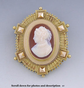 Exceptional Victorian Etruscan Revival 14k Gold Hand Carved Cameo Pendant Brooch