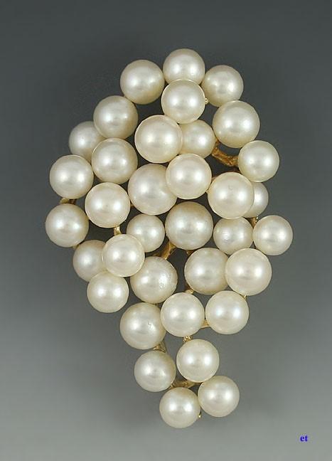 Radiant Pearl Cluster of Grapes 14k Gold Large Brooch Pin Modern