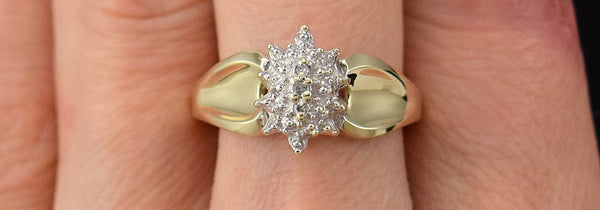 Luminous 10k Yellow Gold and Diamond Cluster Ring Wide Band Size 7