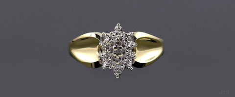 Luminous 10k Yellow Gold and Diamond Cluster Ring Wide Band Size 7