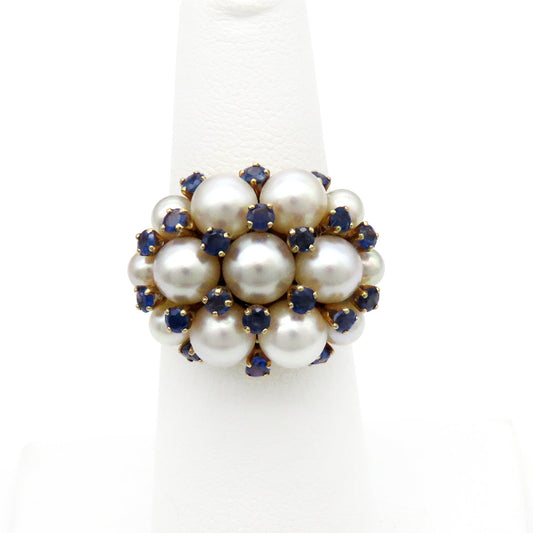 Vintage 14K Yellow Gold Pearl Sapphire Cluster Dome Cocktail Statement Ring