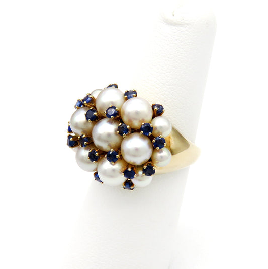 Vintage 14K Yellow Gold Pearl Sapphire Cluster Dome Cocktail Statement Ring