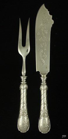 Antique 19th Century Austrian Silver Large Ornate Fish Fork Knife Serving Set