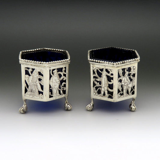 Nice Pair 1800s Dutch Silver Openwork Cobalt Glass Ball Claw Foot Salt Cellars