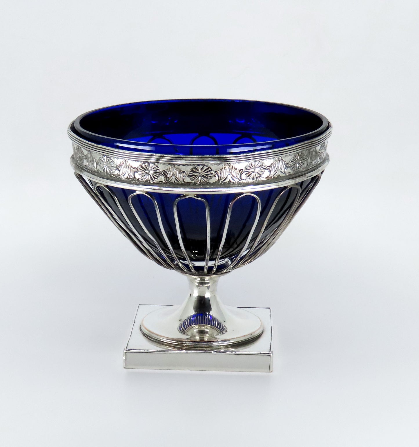 Lovely c1770-1800 Old Sheffield Fused Silverplate Cobalt Glass Sugar Basket Bowl