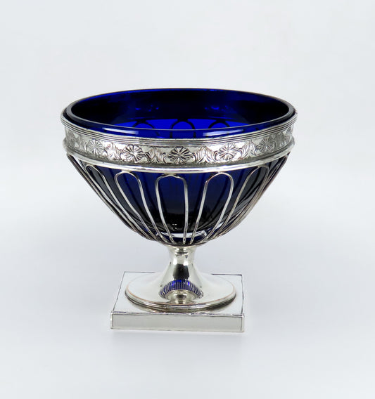 Lovely c1770-1800 Old Sheffield Fused Silverplate Cobalt Glass Sugar Basket Bowl