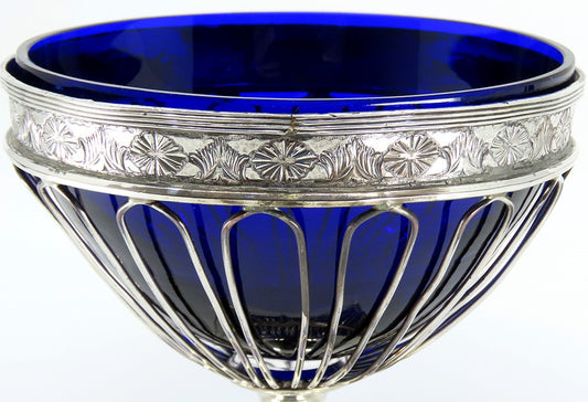 Lovely c1770-1800 Old Sheffield Fused Silverplate Cobalt Glass Sugar Basket Bowl