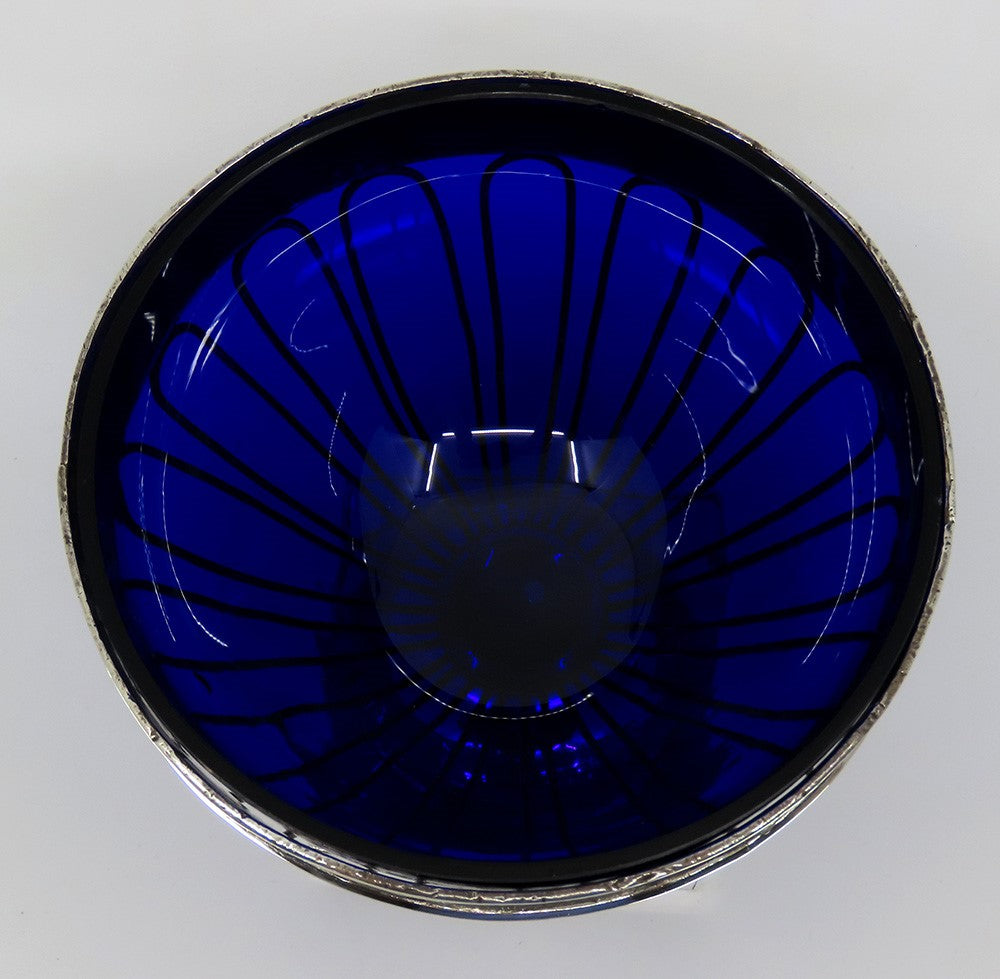 Lovely c1770-1800 Old Sheffield Fused Silverplate Cobalt Glass Sugar Basket Bowl