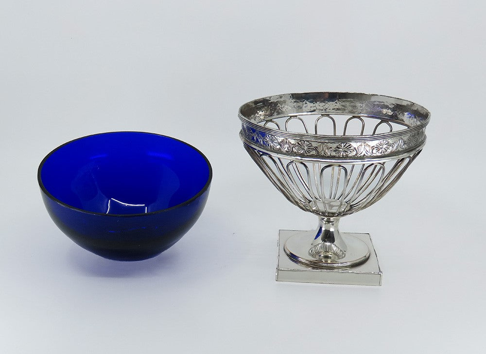 Lovely c1770-1800 Old Sheffield Fused Silverplate Cobalt Glass Sugar Basket Bowl
