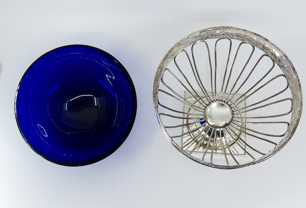 Lovely c1770-1800 Old Sheffield Fused Silverplate Cobalt Glass Sugar Basket Bowl