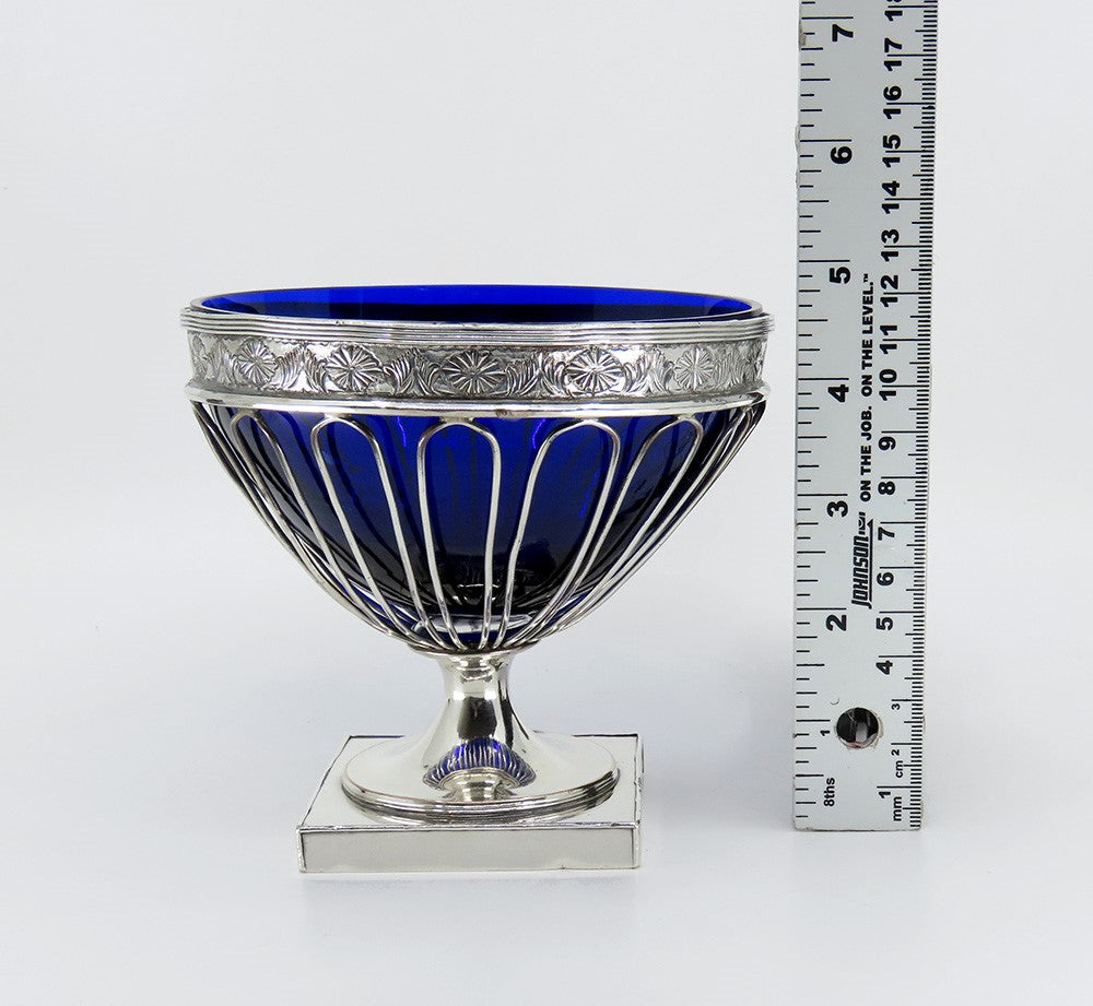 Lovely c1770-1800 Old Sheffield Fused Silverplate Cobalt Glass Sugar Basket Bowl