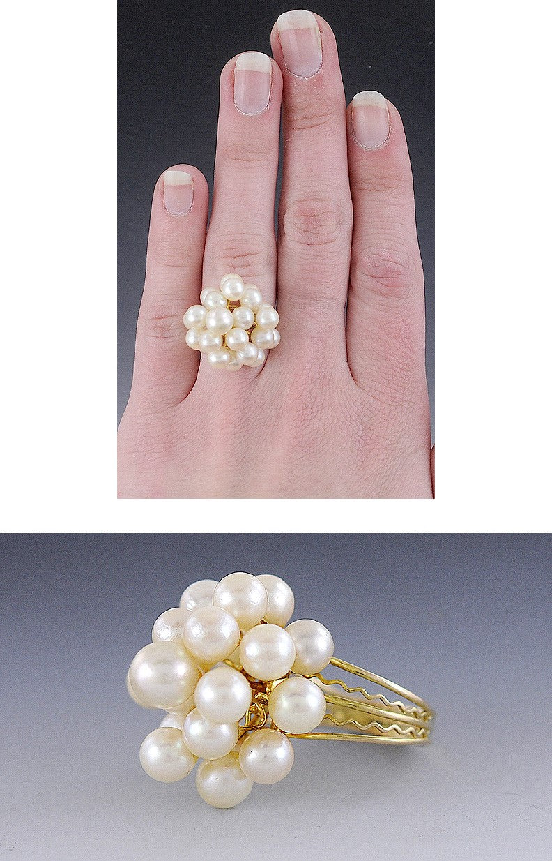 Fabulous 14k Yellow Gold & Cluster Of Pearls Cocktail Ring Size 6.5