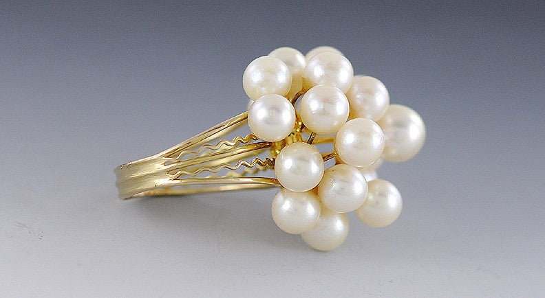 Fabulous 14k Yellow Gold & Cluster Of Pearls Cocktail Ring Size 6.5